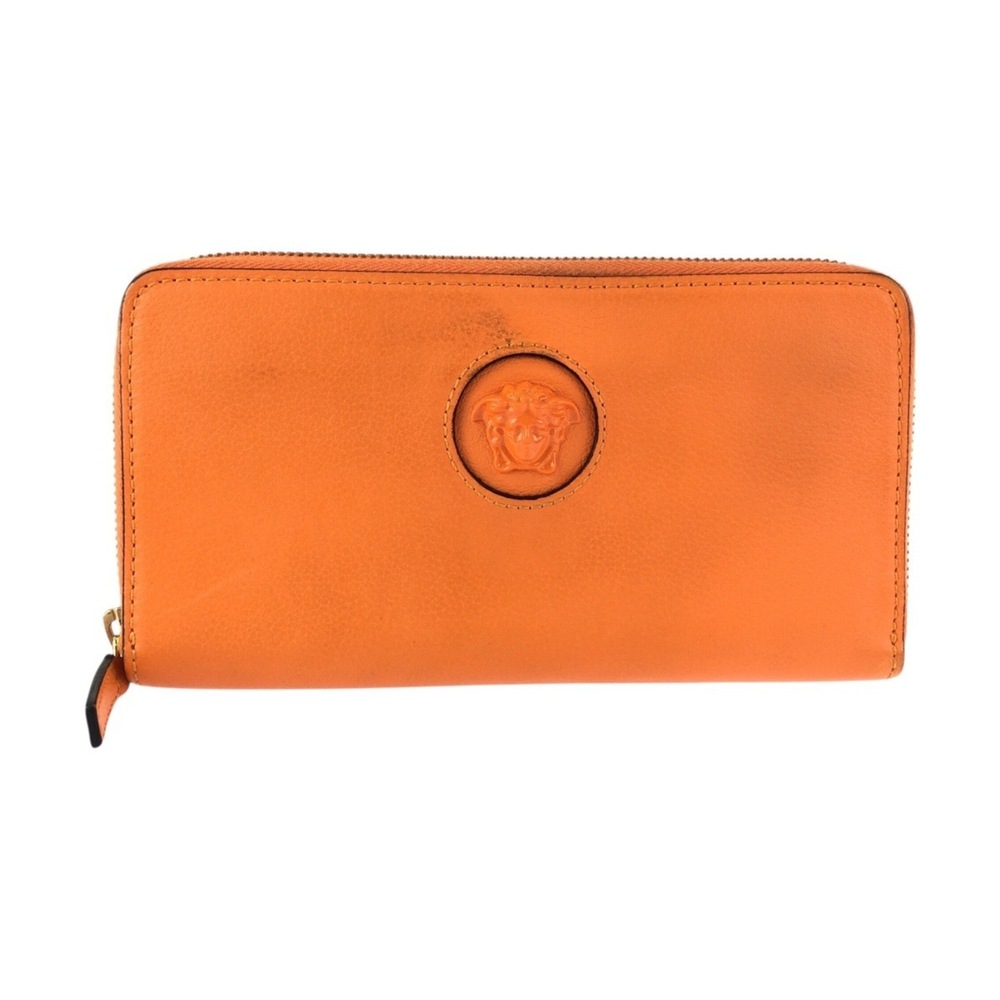 VERSACE Medusa Round Zip Wallet, Orange with Gold Hardware, Leather, Long Uni...